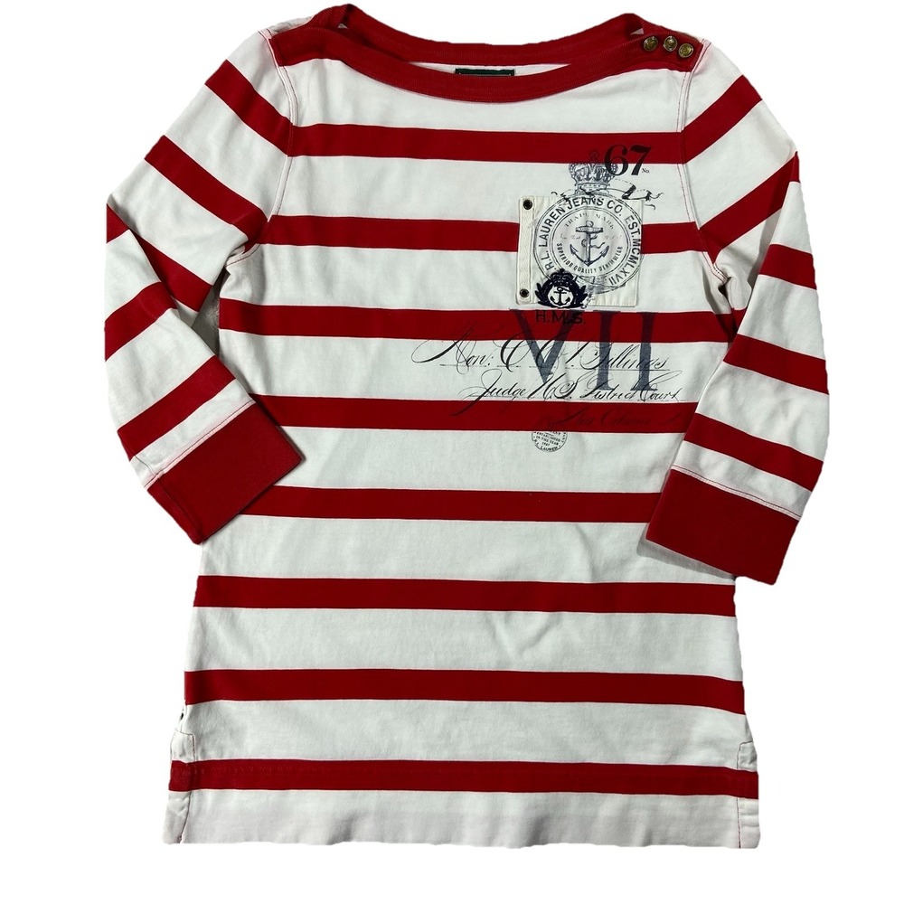 Ralph Lauren Jeans Co 3/4 Sleeve Red White Striped Nautical Tee Women's S Preppy